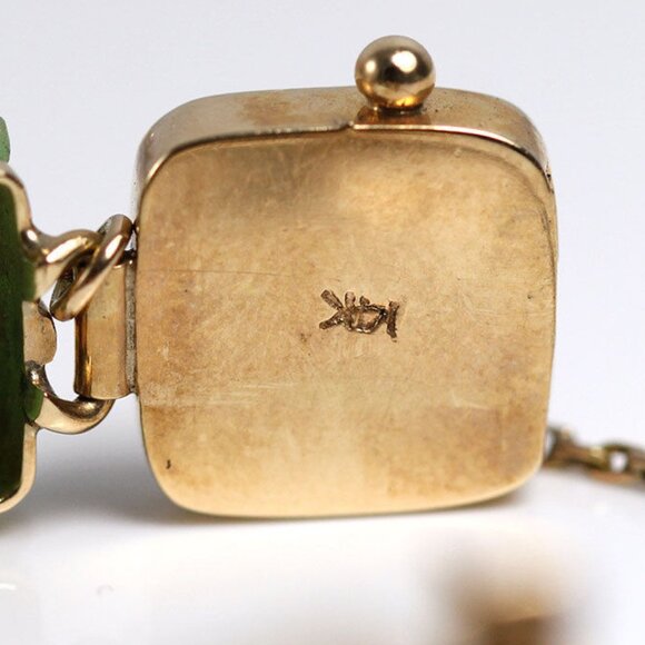 VINTAGE JADE CARVED GREEN CHINESE 14K YELLOW GOLD BRACELET - Picture 7 of 12